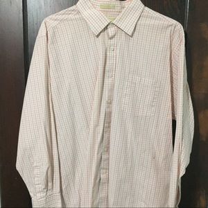 Men’s button down: Salmon, tan, & white checkered.